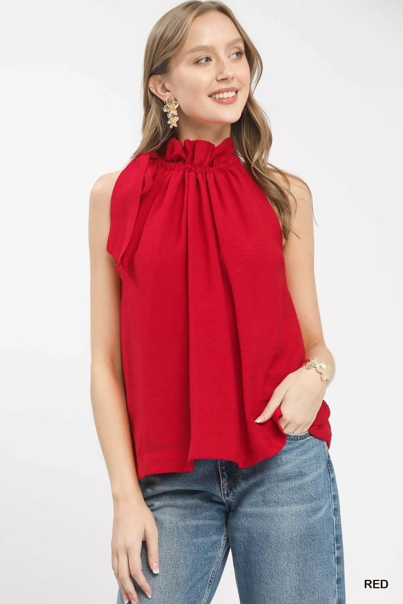 Red Tie-Neck Ruffle Halter Boho Top by Umgee Front View