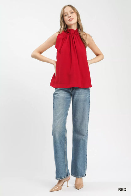 Red Tie-Neck Ruffle Halter Boho Top by Umgee Full View