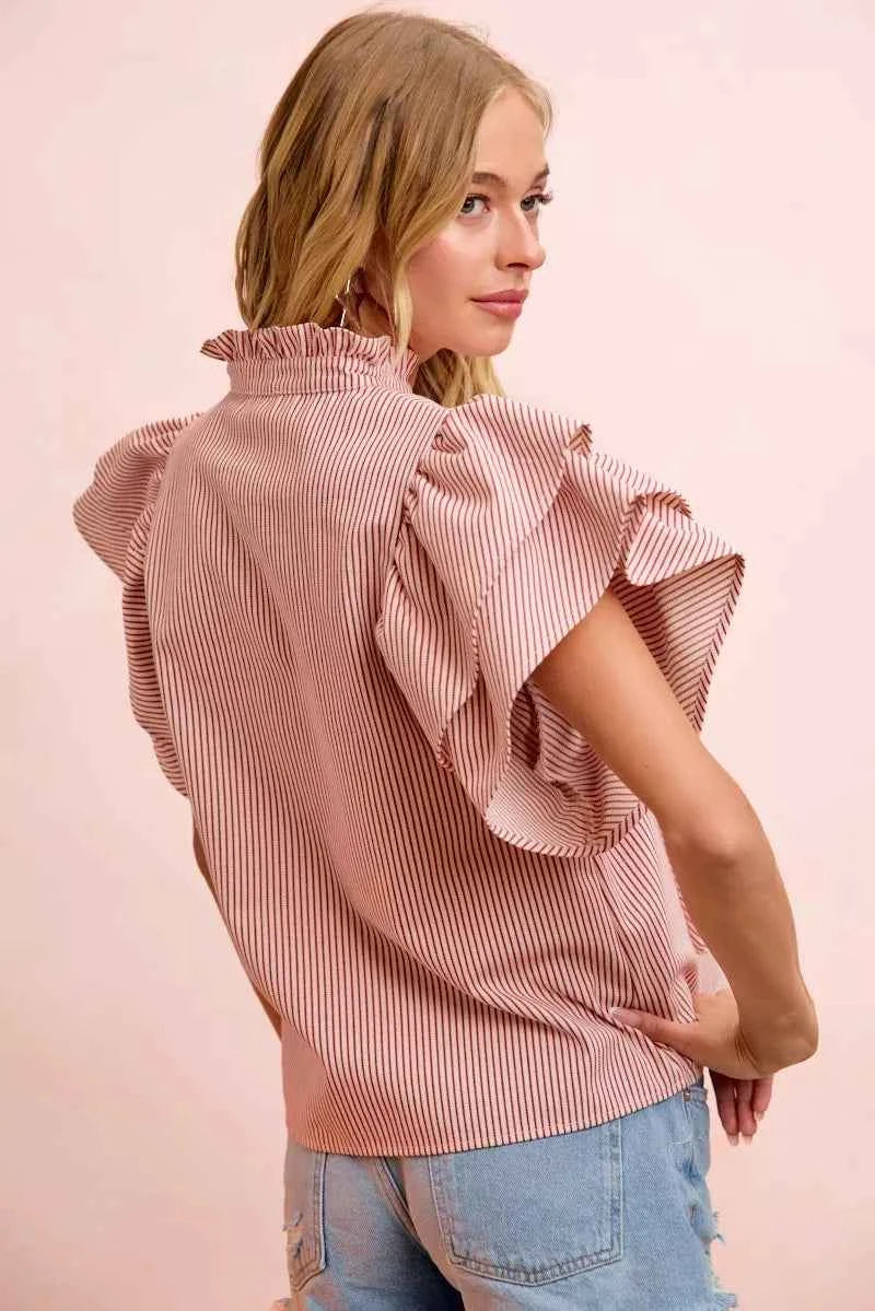 Red Twill Striped Ruffle Sleeve Blouse by BiBi Back view