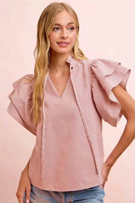 Red Twill Striped Ruffle Sleeve Blouse by BiBi Front View