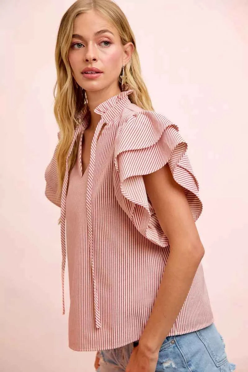 Red Twill Striped Ruffle Sleeve Blouse by BiBi Side View
