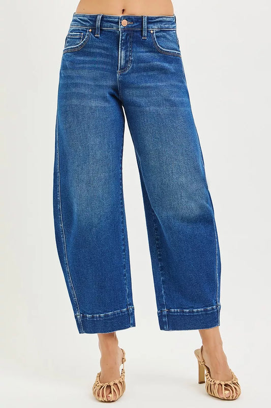 Risen Mid Rise Crop Barrel Jeans Front