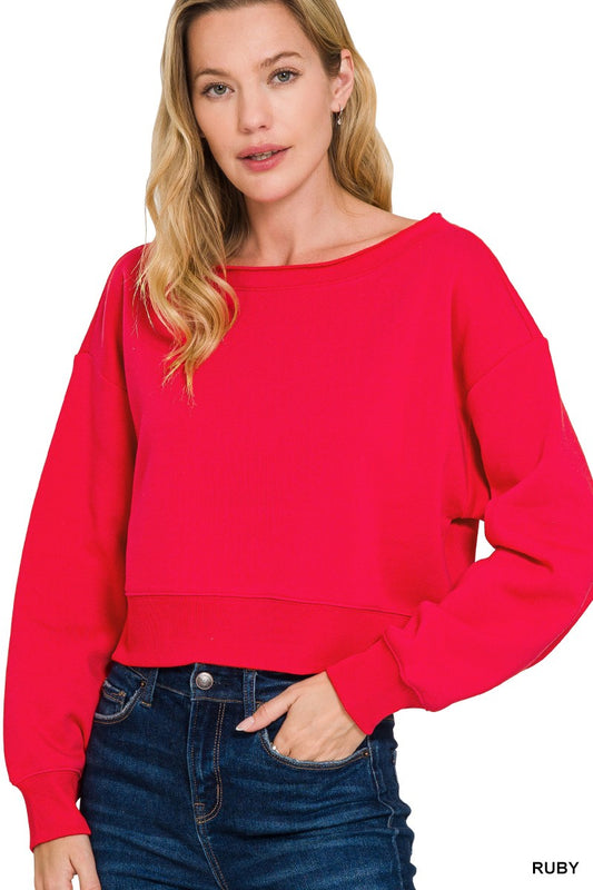 Ruby Red Long Sleeve Fleece Boat-Neck Sweatshirt by Zenana front View
