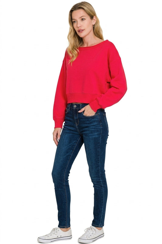 Ruby Red Long Sleeve Fleece Boat-Neck Sweatshirt by Zenana Side View