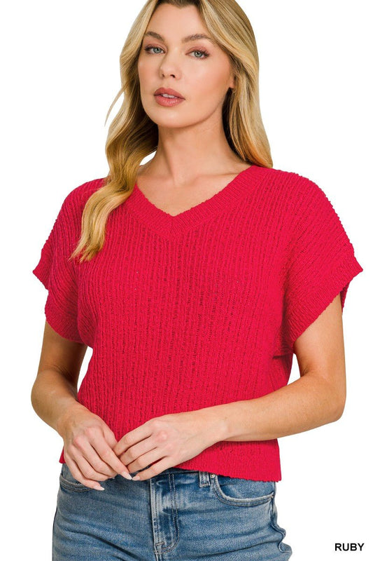 Ruby Red Textured Knit V-Neck Cropped Sweater by Zenana Front View