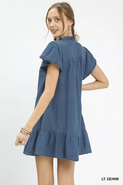 Ruffled Washed Light Denim Dress by Umgee Back View
