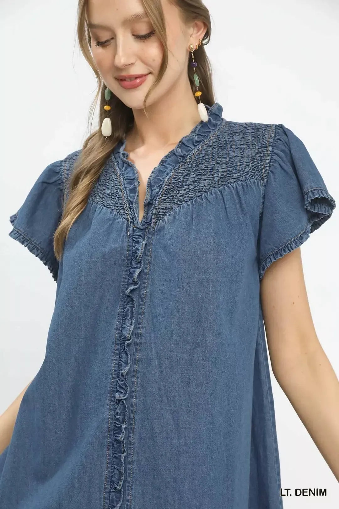 Ruffled Washed Light Denim Dress by Umgee Close View