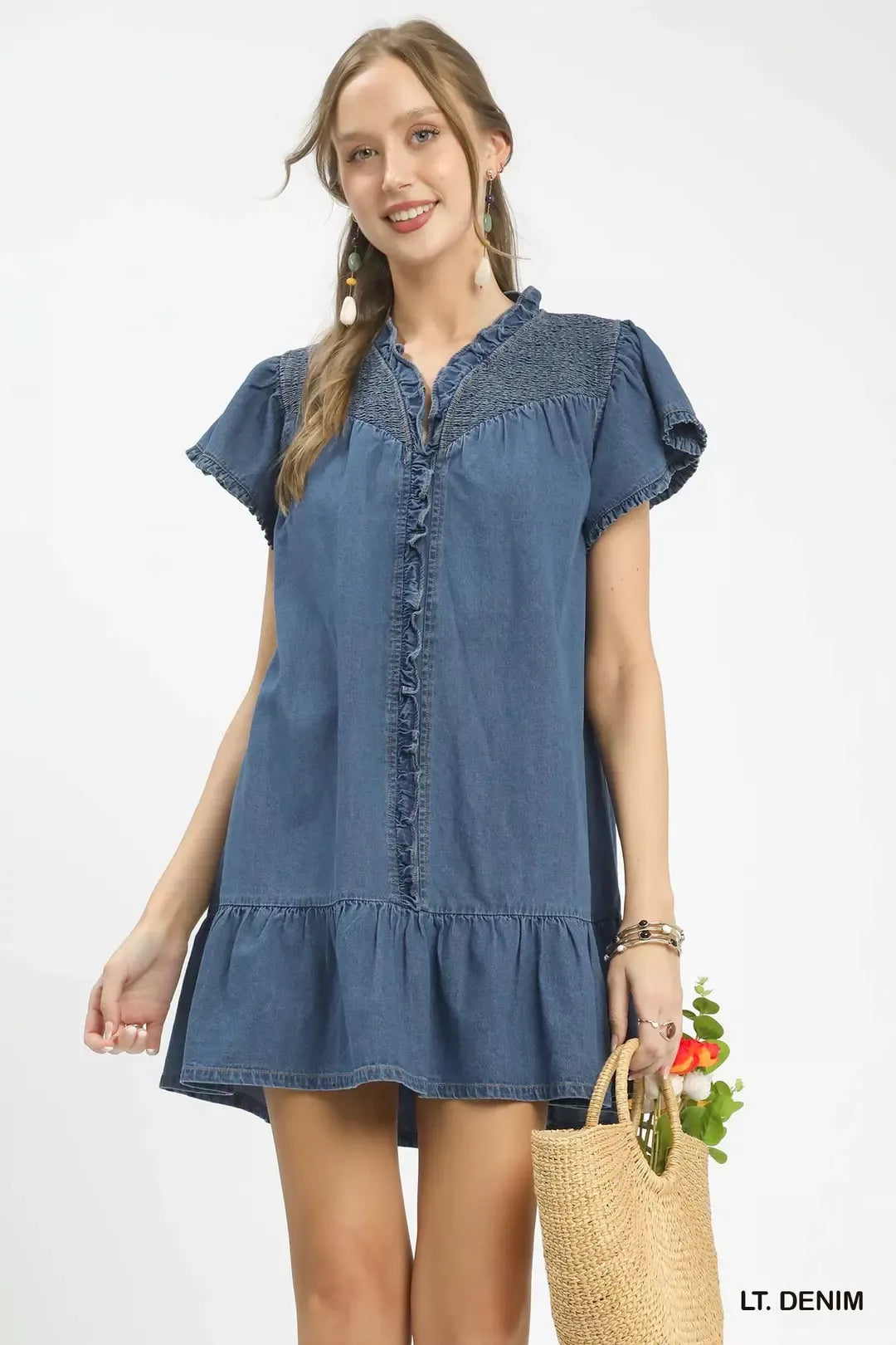 Ruffled Washed Light Denim Dress by Umgee Front View