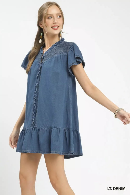 Ruffled Washed Light Denim Dress by Umgee Side View