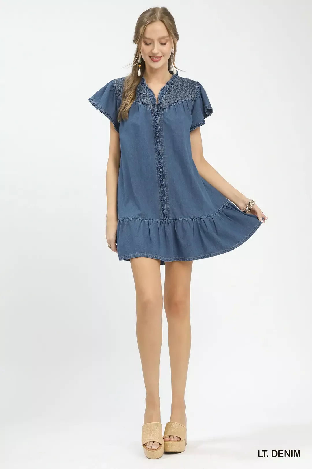 Ruffled Washed Light Denim Dress by Umgee Full View