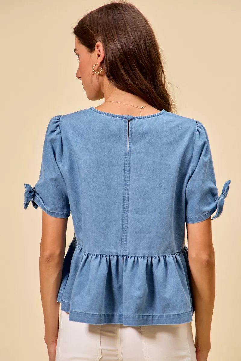 SO ME Denim Bow Detail Short Sleeves Peplum Top Back View