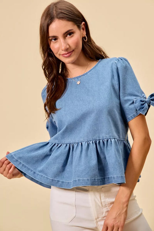 SO ME Denim Bow Detail Short Sleeves Peplum Top Front View