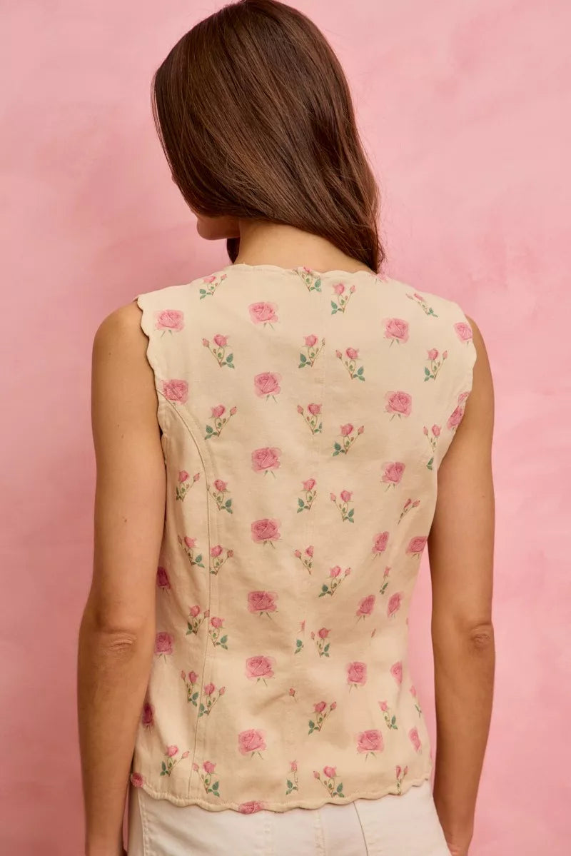 SO ME Floral Rose Cotton Twill Scallop Button Vest Top Ivory/Pink Back View