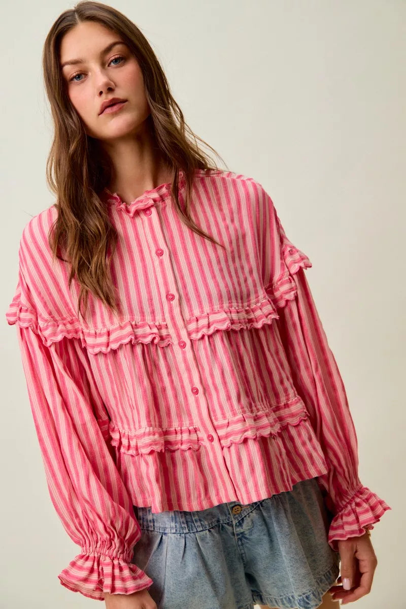 SO ME Fushia Variegated Stripe Reversible Flowy Boho Blouse Front View