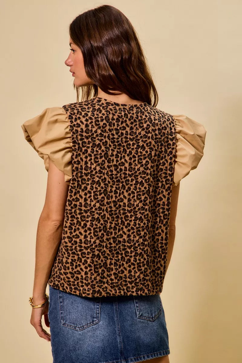 SO ME Leopard Pointelle Knit Top with Puff Sleeves Back View