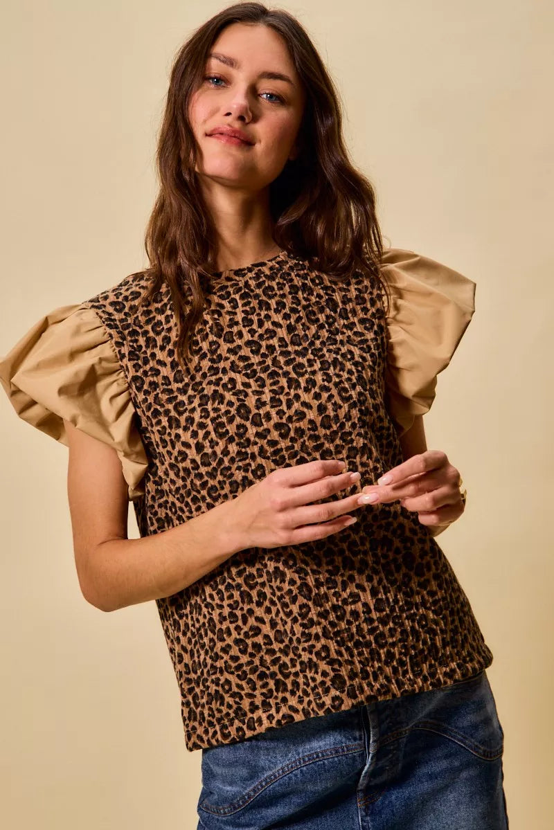 SO ME Leopard Pointelle Knit Top with Puff Sleeves Front View