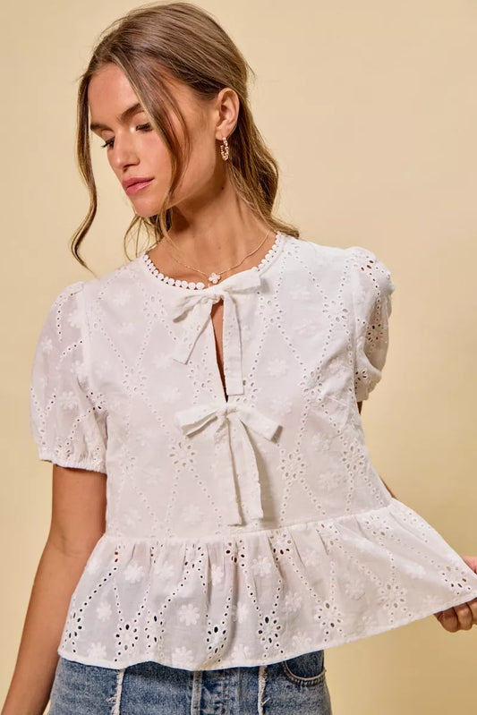 SO ME White Cotton Eyelet Front Tie Short Sleeves Blouse Front View