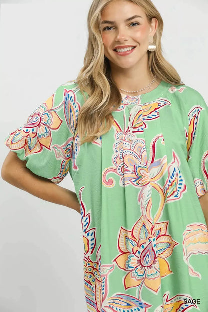 Sage Boho Floral Print Mini Dress with Pockets by Umgee Close View
