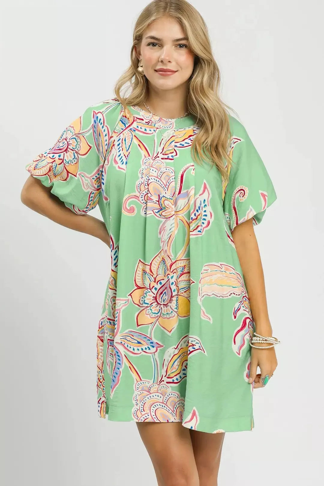 Sage Boho Floral Print Mini Dress with Pockets by Umgee Front View