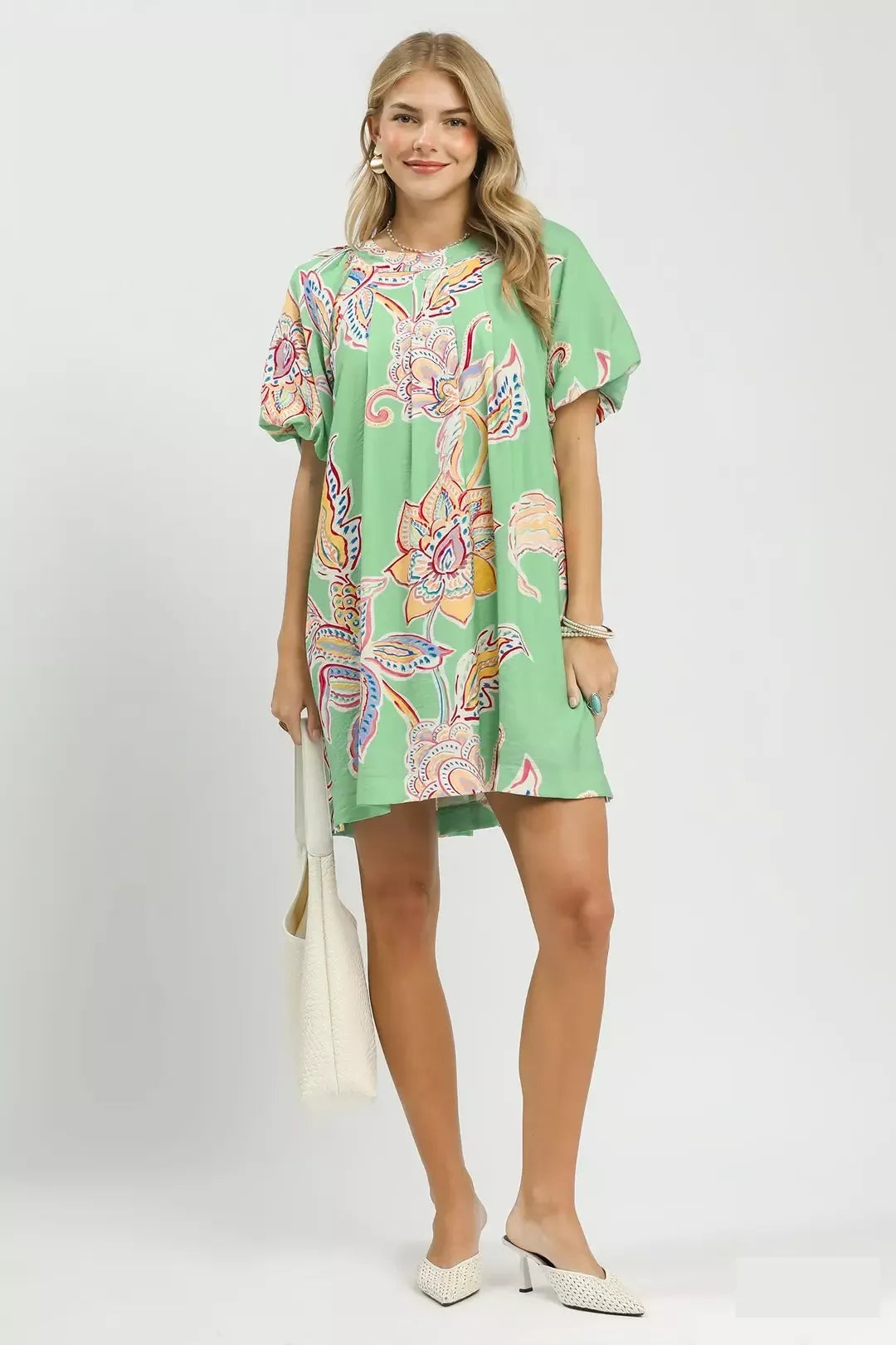 Sage Boho Floral Print Mini Dress with Pockets by Umgee full View