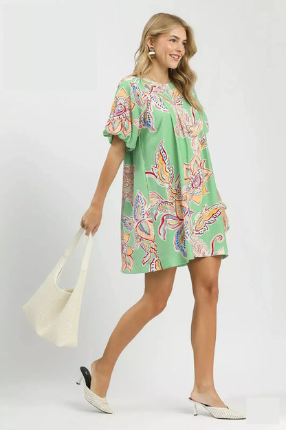 Sage Boho Floral Print Mini Dress with Pockets by Umgee Side View