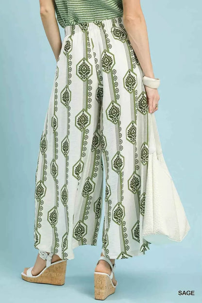 Sage Geometric Boho Print Wide Leg Pants with Pockets by Umgee
