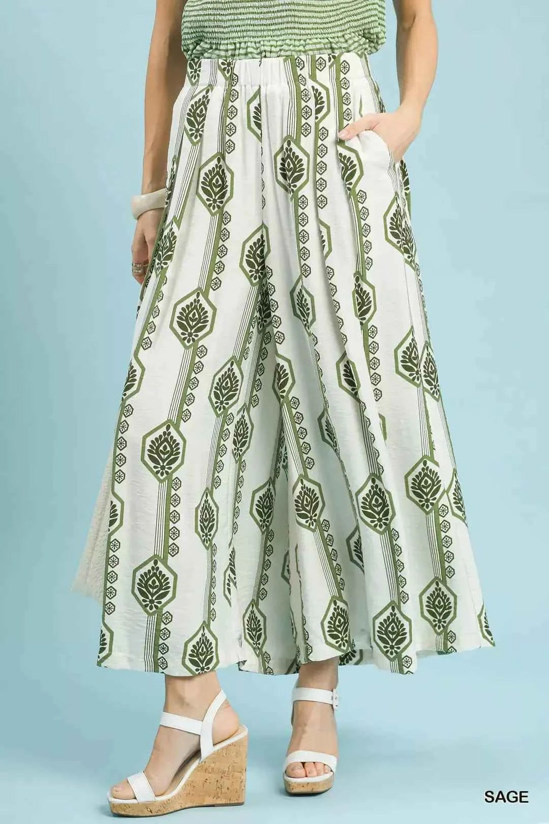 Sage Geometric Boho Print Wide Leg Pants with Pockets by Umgee