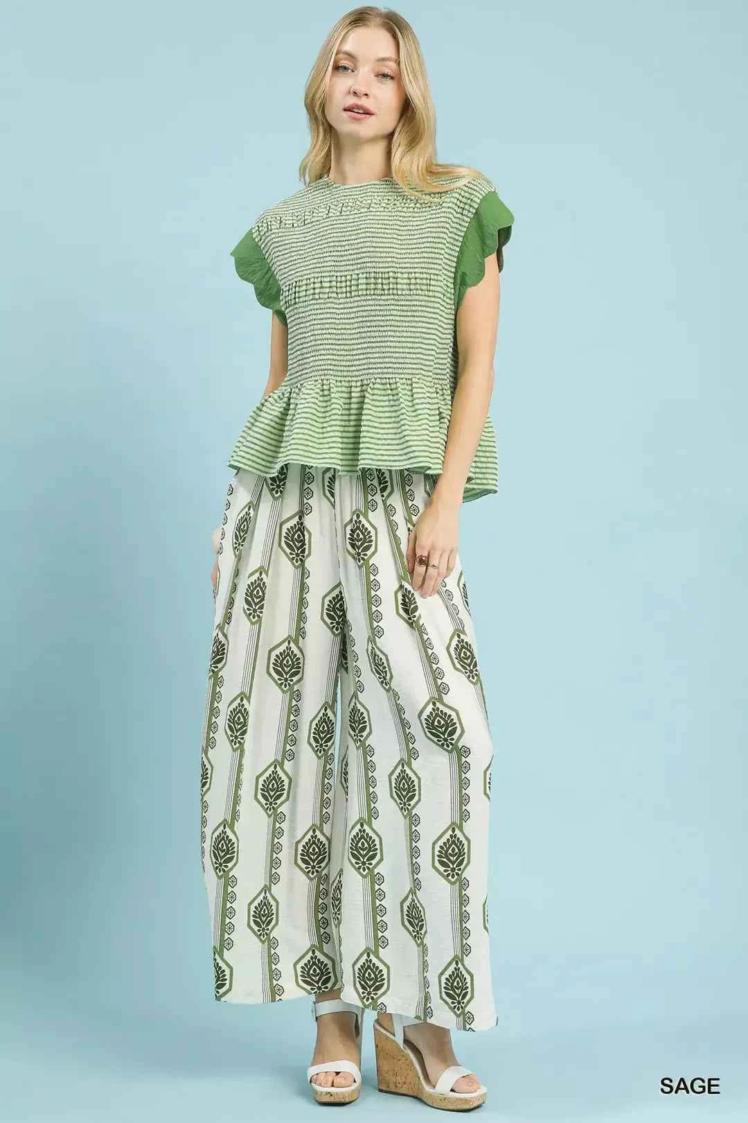 Sage Geometric Boho Print Wide Leg Pants with Pockets by Umgee