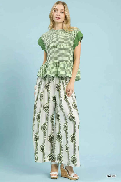 Sage Geometric Boho Print Wide Leg Pants with Pockets by Umgee