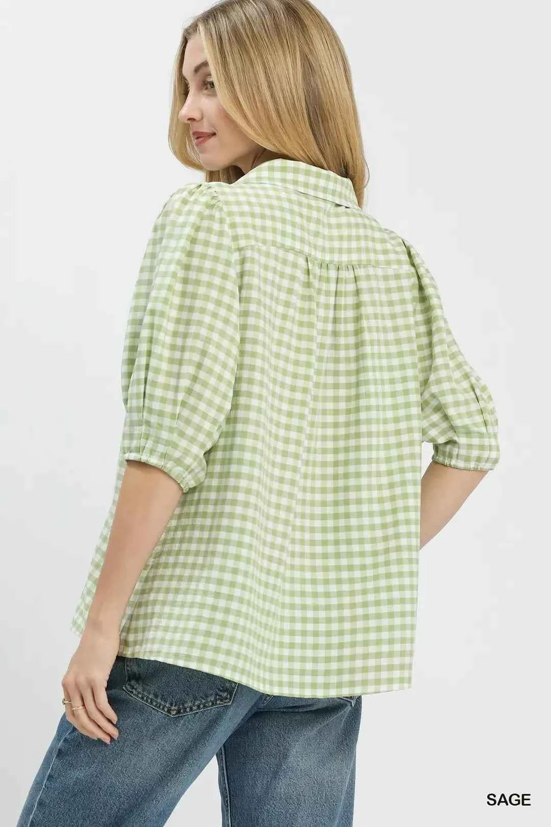 Sage Gingham Puff Sleeve Collared Blouse by Umgee