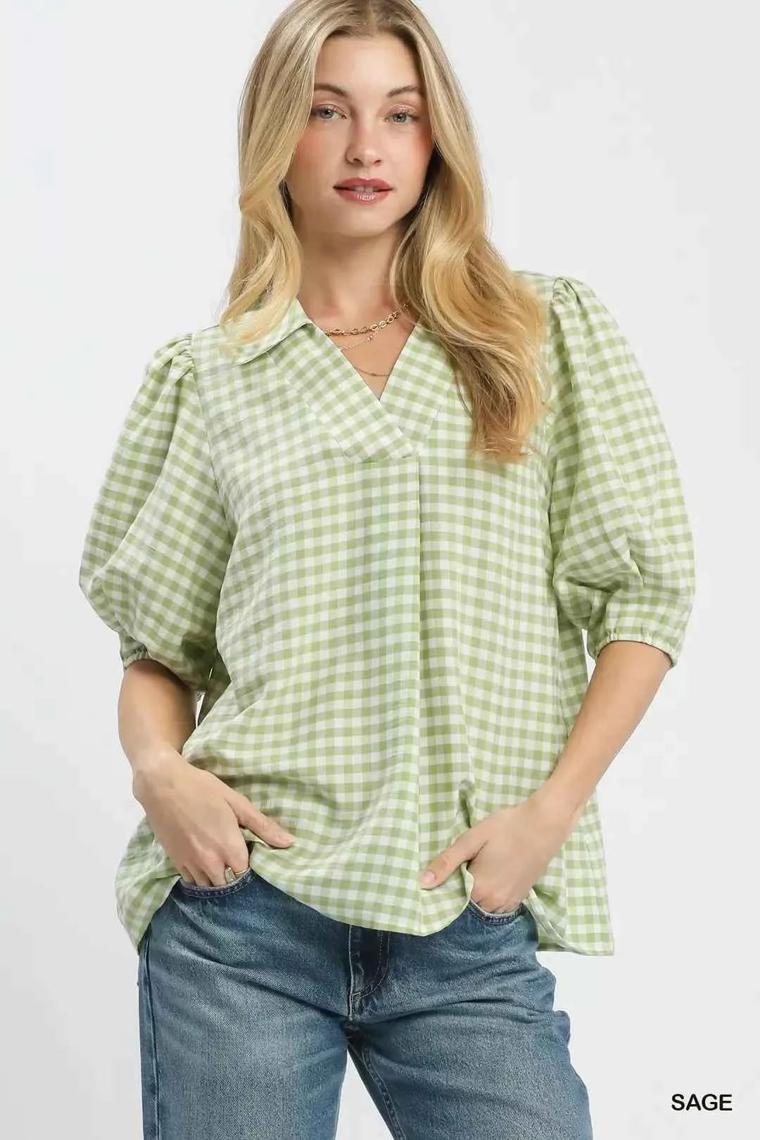 Sage Gingham Puff Sleeve Collared Blouse by Umgee