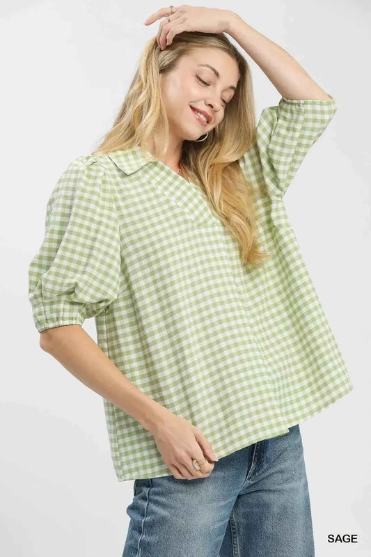 Sage Gingham Puff Sleeve Collared Blouse by Umgee