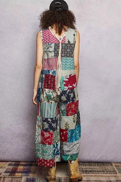 Sage Multi Sleeveless Patchwork Wide Leg Jumpsuit wtih Pockets by POL