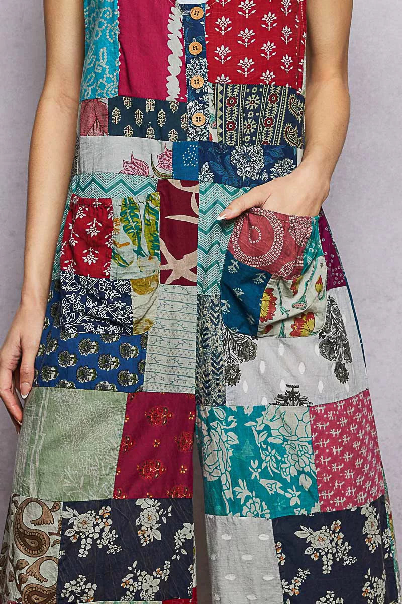 Sage Multi Sleeveless Patchwork Wide Leg Jumpsuit wtih Pockets by POL Close View