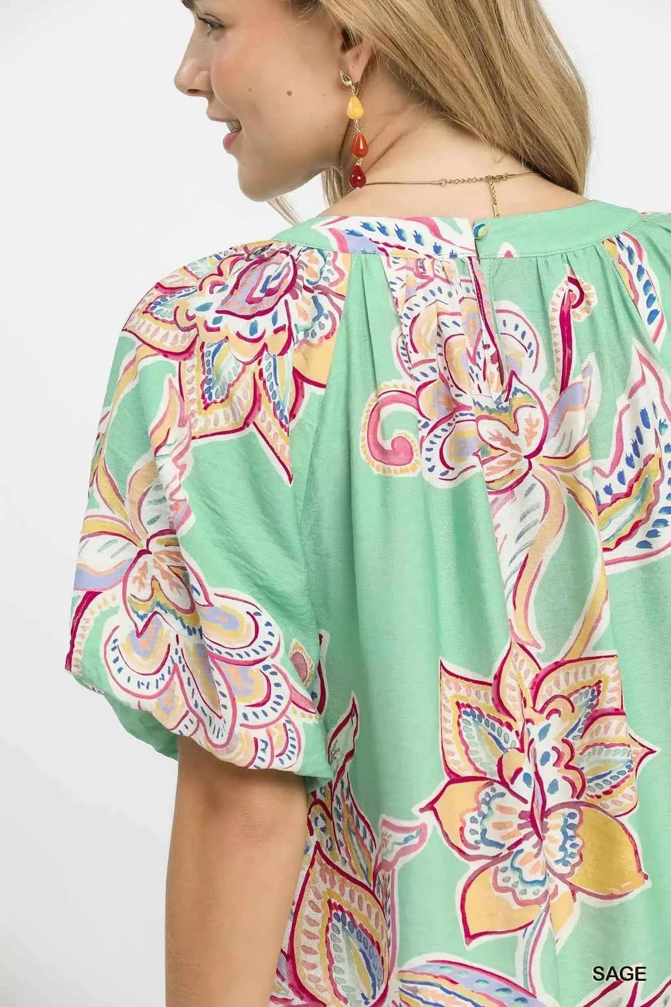 Sage Paisley Print Puff Sleeve Top by Umgee