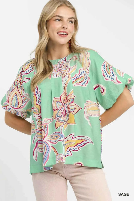 Sage Paisley Print Puff Sleeve Top by Umgee