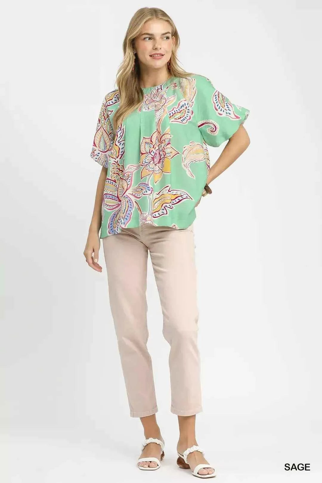 Sage Paisley Print Puff Sleeve Top by Umgee