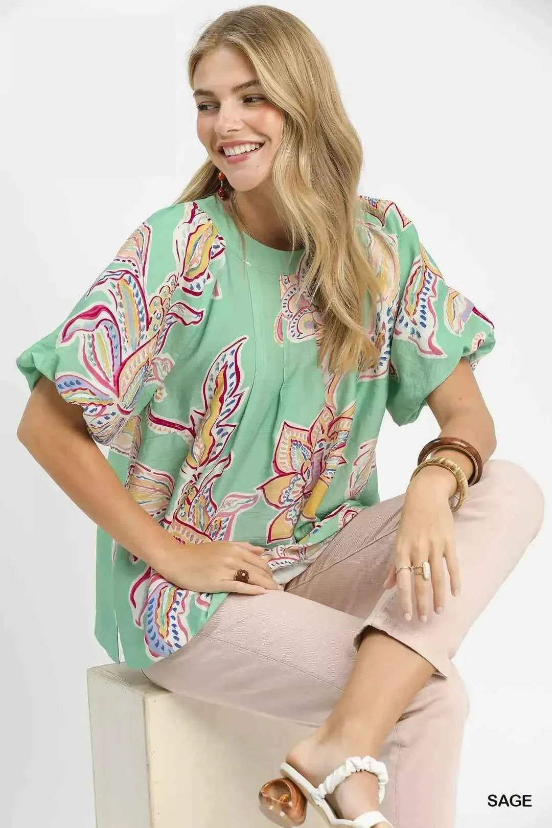 Sage Paisley Print Puff Sleeve Top by Umgee