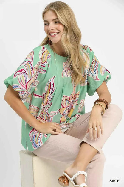 Sage Paisley Print Puff Sleeve Top by Umgee