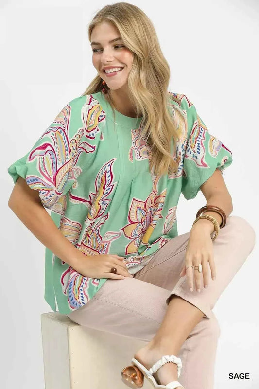 Sage Paisley Print Puff Sleeve Top by Umgee