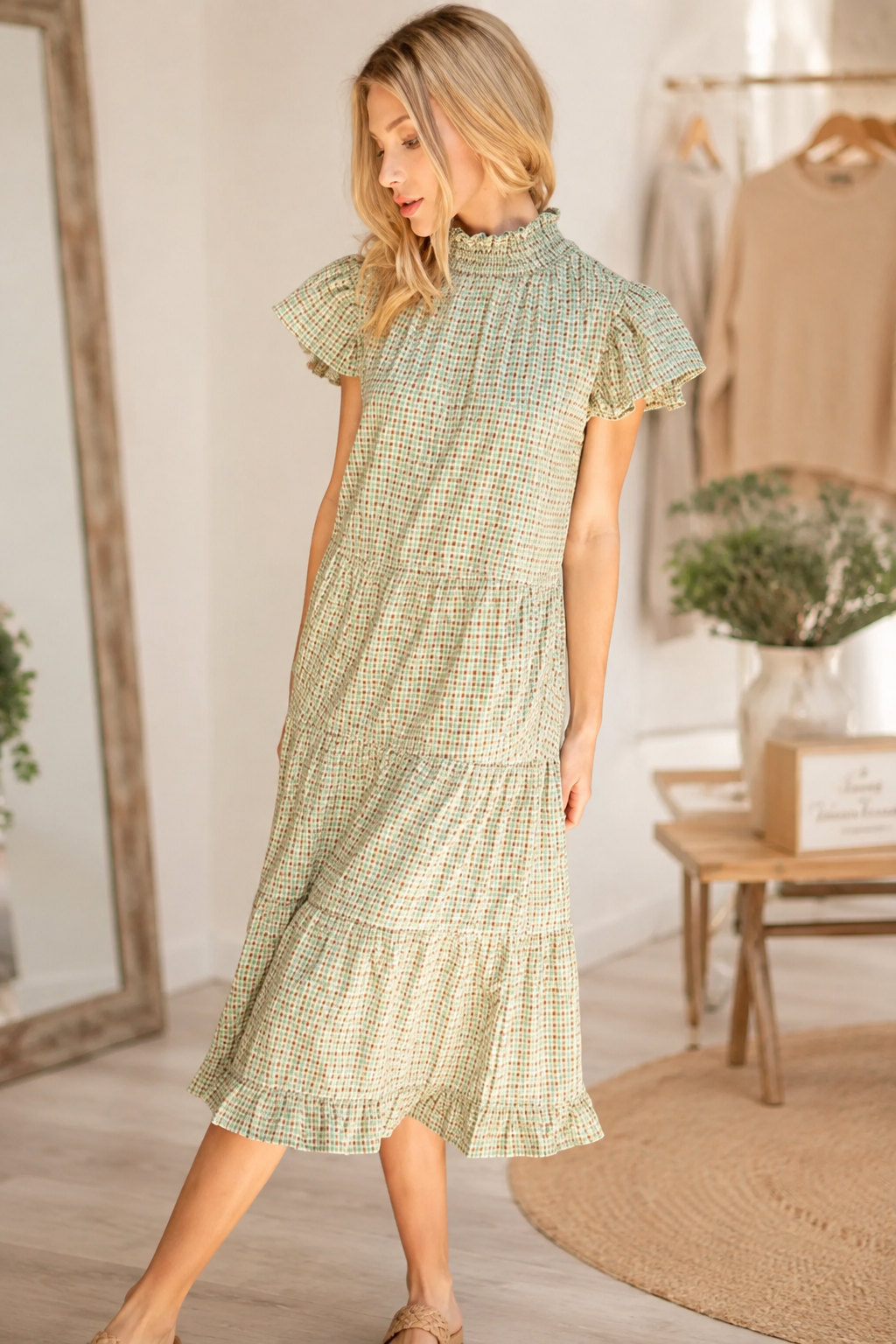 Sage plaid smocked neck tiered midi dress with ruffle sleeves by Voy