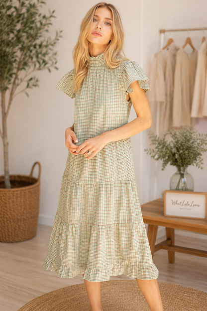 Sage plaid smocked neck tiered midi dress with ruffle sleeves by Voy
