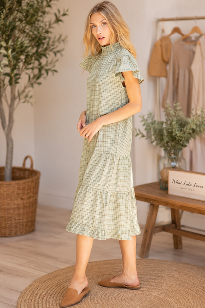 Sage plaid smocked neck tiered midi dress with ruffle sleeves by Voy