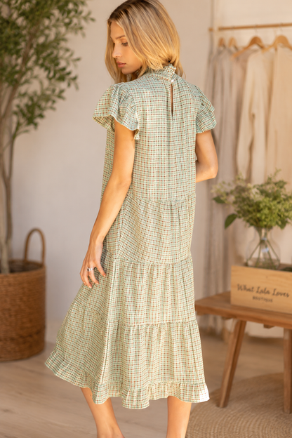 Sage plaid smocked neck tiered midi dress with ruffle sleeves by Voy