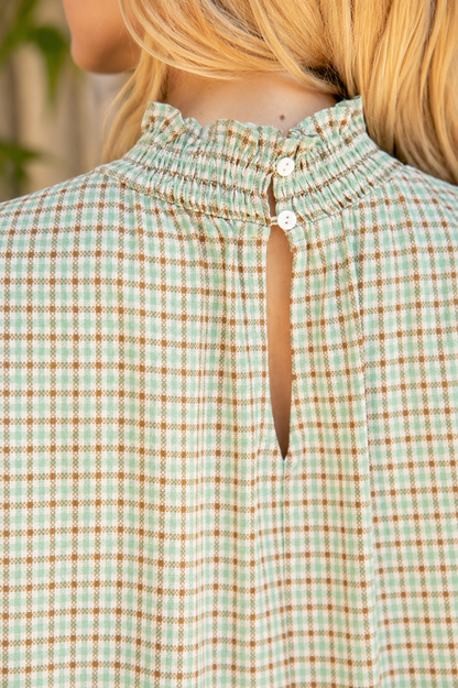 Sage plaid smocked neck tiered midi dress with ruffle sleeves by Voy