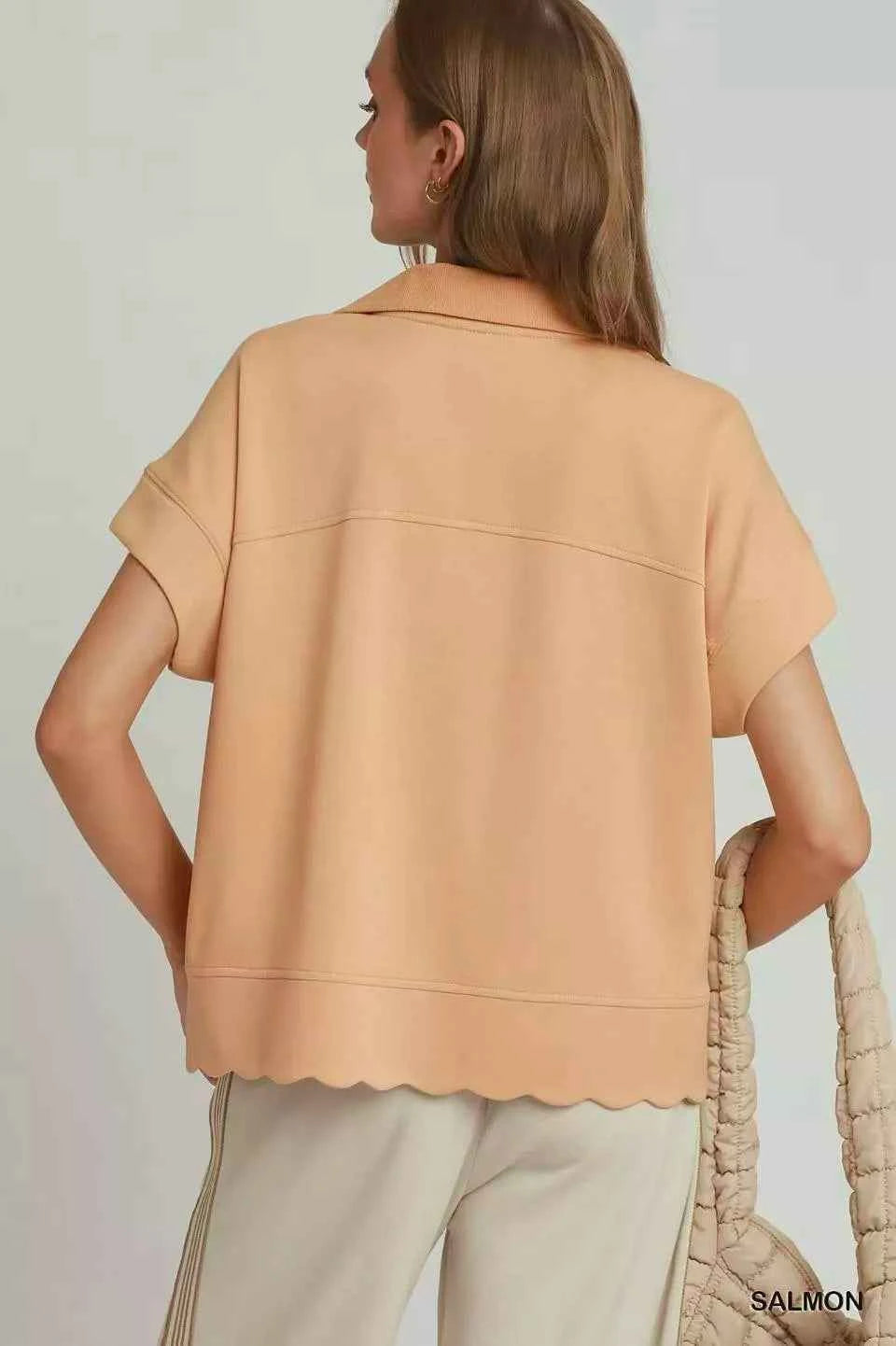 Salmon Half Zip Short Sleeve Pullover Top w/ Scalloped Edge Hem by Umgee Back View