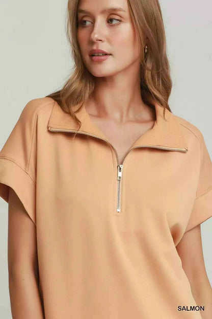 Salmon Half Zip Short Sleeve Pullover Top w/ Scalloped Edge Hem by Umgee Close View