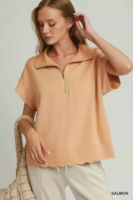 Salmon Half Zip Short Sleeve Pullover Top w/ Scalloped Edge Hem by Umgee Front View