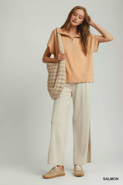 Salmon Half Zip Short Sleeve Pullover Top w/ Scalloped Edge Hem by Umgee Full View
