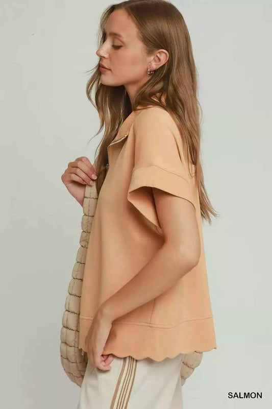 Salmon Half Zip Short Sleeve Pullover Top w/ Scalloped Edge Hem by Umgee Side View